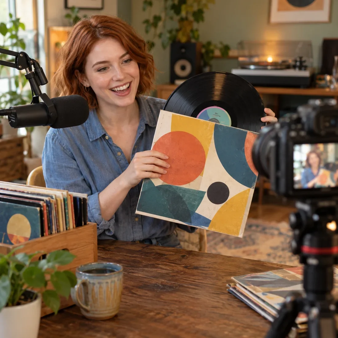 Illustrative scene of an online seller presenting a vinyl record to a dedicated livestream camera with a boom microphone