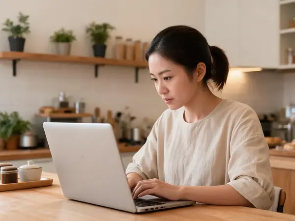 A seller working on a laptop at a table at home