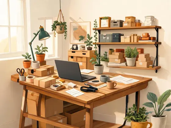 An illustrated home workspace with a laptop, packing supplies, shelves, and plants