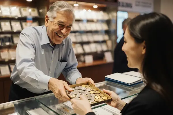 A bullion and coin wholesaler handing a tray of coins to an independent seller at a trade show — products and offers in front of serious sellers