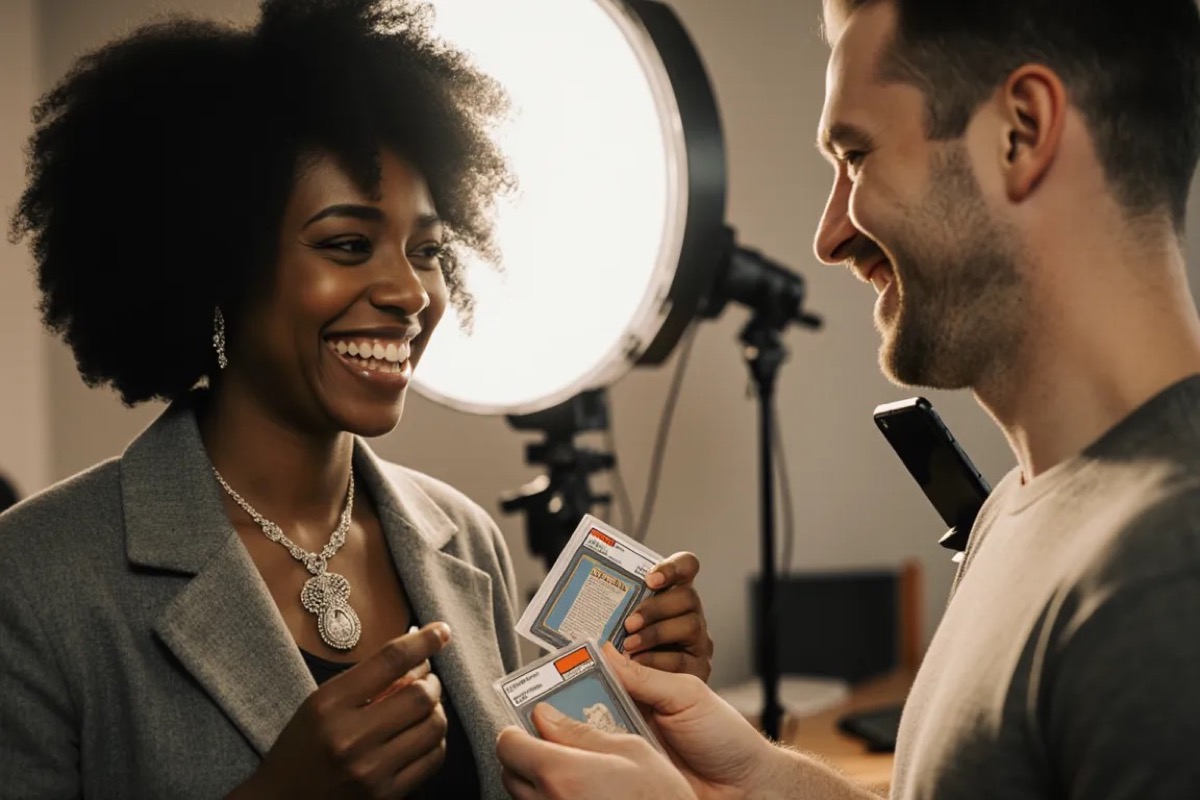 Two independent sellers comparing a vintage jewelry piece and a graded trading card between shows — one seller identity every platform owned by you