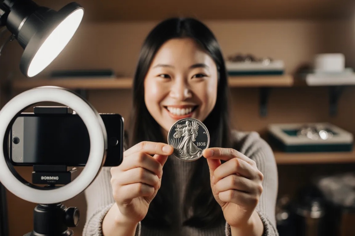 A seller live streaming a rare bullion coin reveal to her viewers — real inventory, capped allocation, first-look for founders