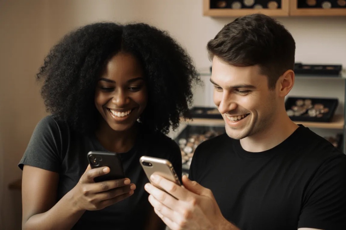 Two independent sellers comparing early-access timestamps on their phones — Founders go first, same inventory time-gated