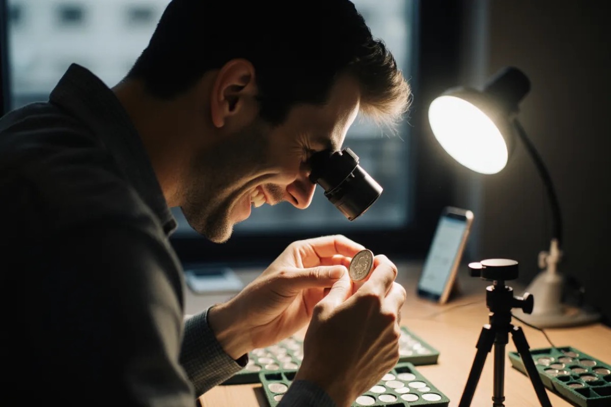 A Founding Member examining a rare coin through a jeweler's loupe at his live-selling desk — first-look access before regular paid members