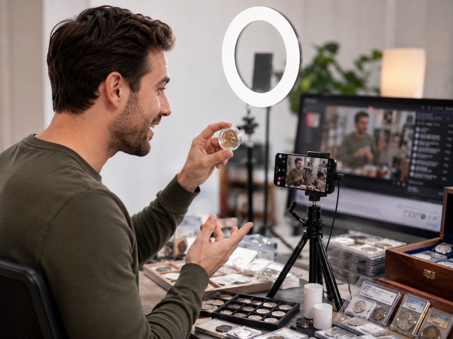 A seller livestreaming a rare gold coin to buyers, with a ring light and phone rig set up beside cases of graded coins