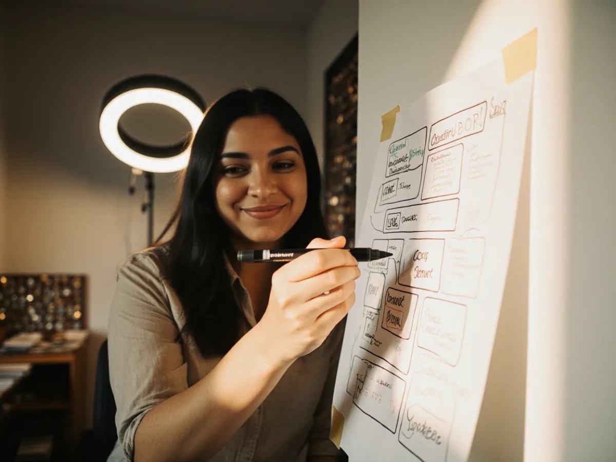 An independent seller sketching a business roadmap on the wall of her home studio — honest LIVE BUILD FUTURE