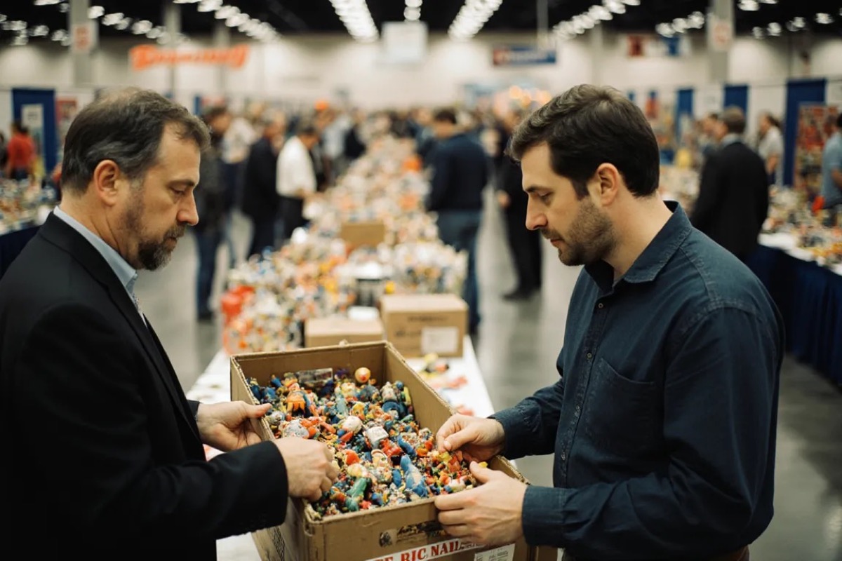 A wholesale supplier showing vintage collectibles inventory to an interested seller — better velocity for suppliers