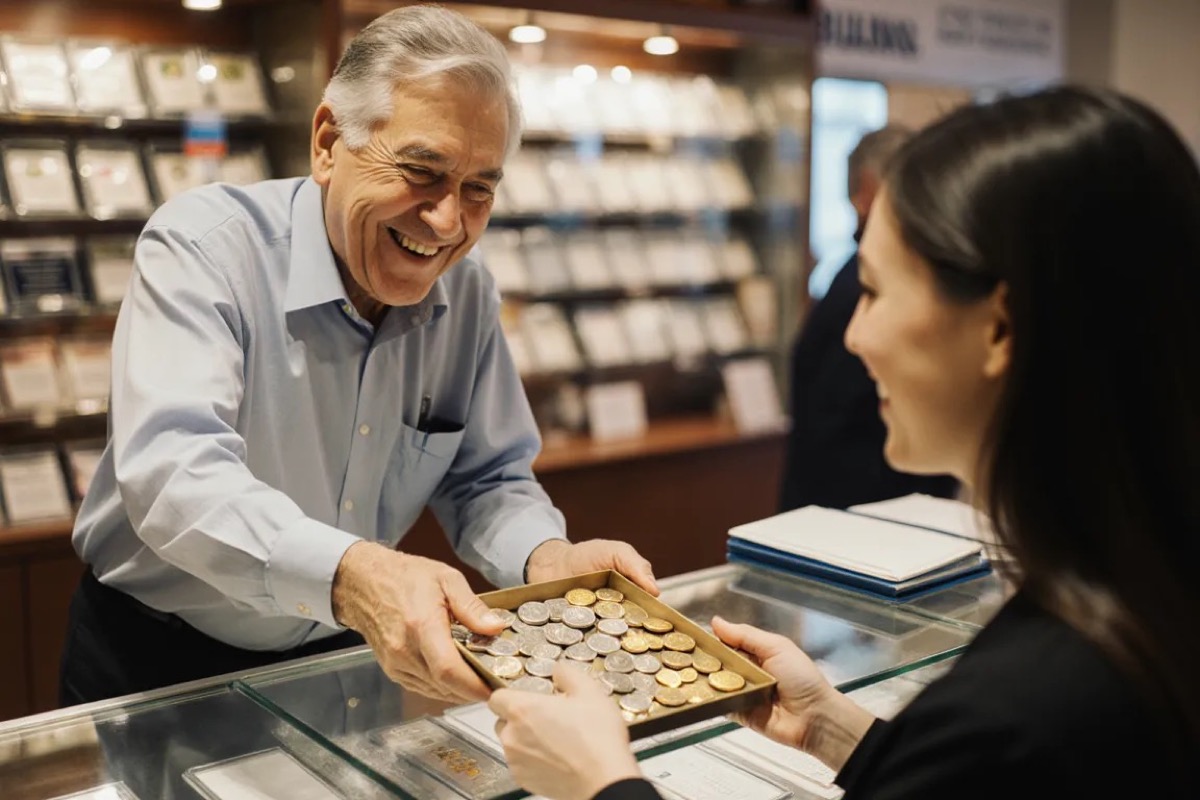 A bullion and coin wholesaler handing a tray of coins to an independent seller at a trade show — products and offers in front of serious sellers